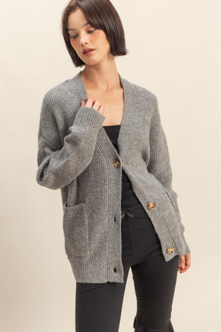 Sweater Cardigan With Front Pockets-H. Gray