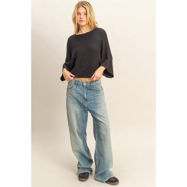 Boat Neck Knit Sweater-Black