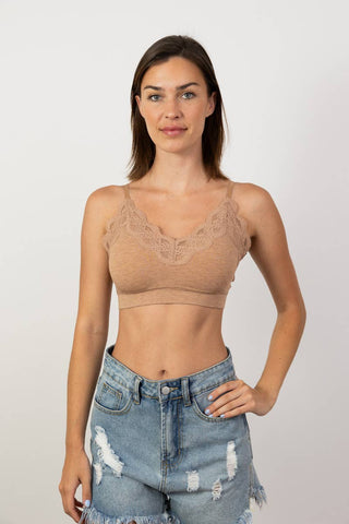 Ultra Soft Lace Trim Bralette-Mocha