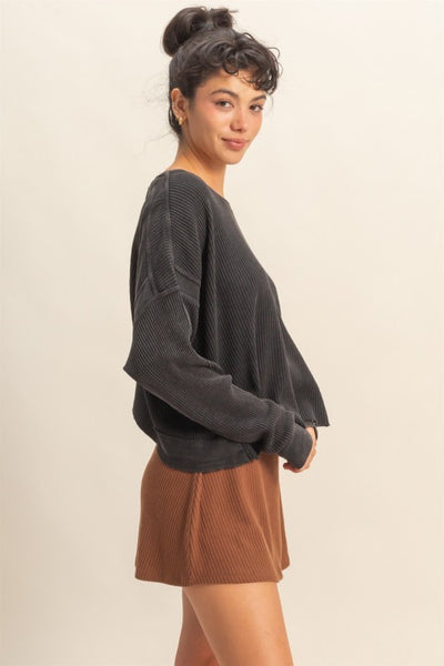 Open Back Long Sleeve Top-Black