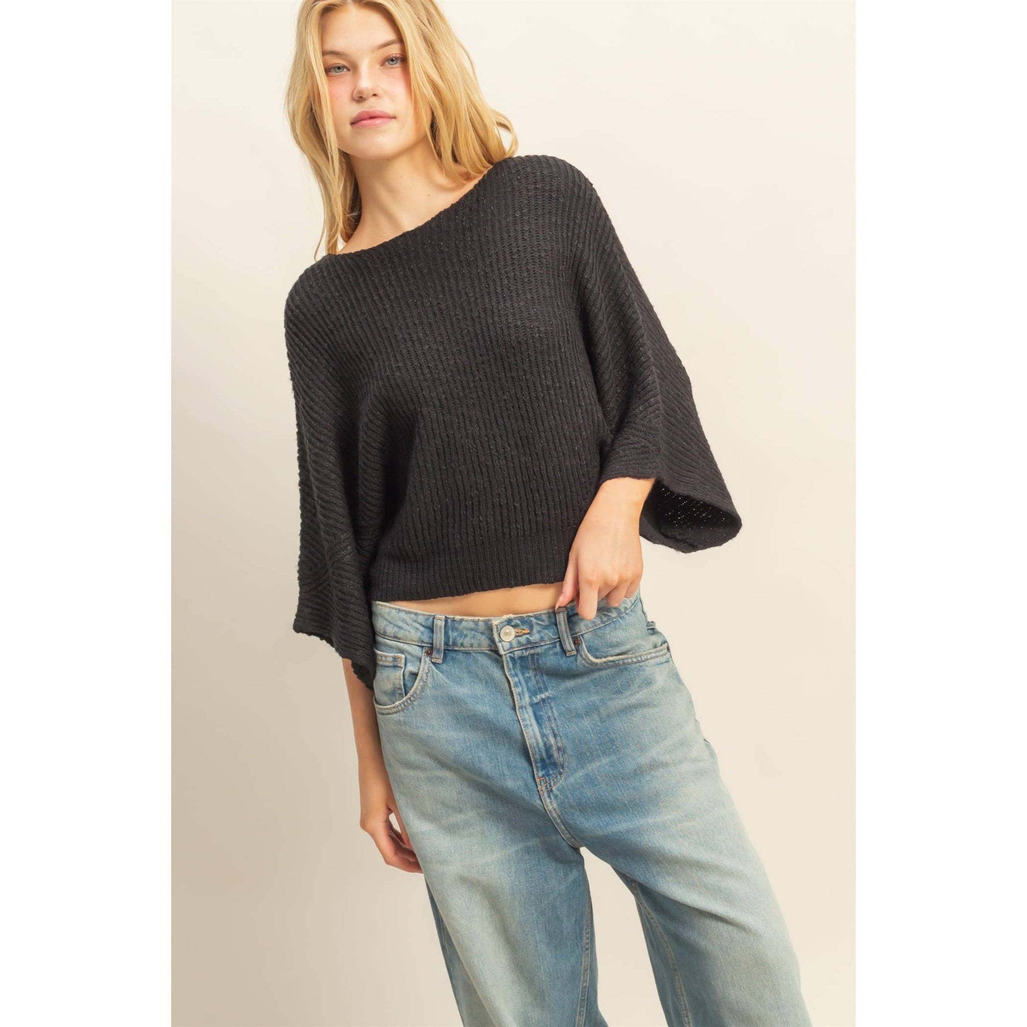 Boat Neck Knit Sweater-Black