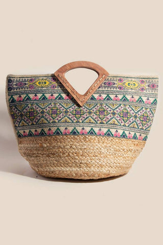 Floral Striped Pattern Jute Tote Bag