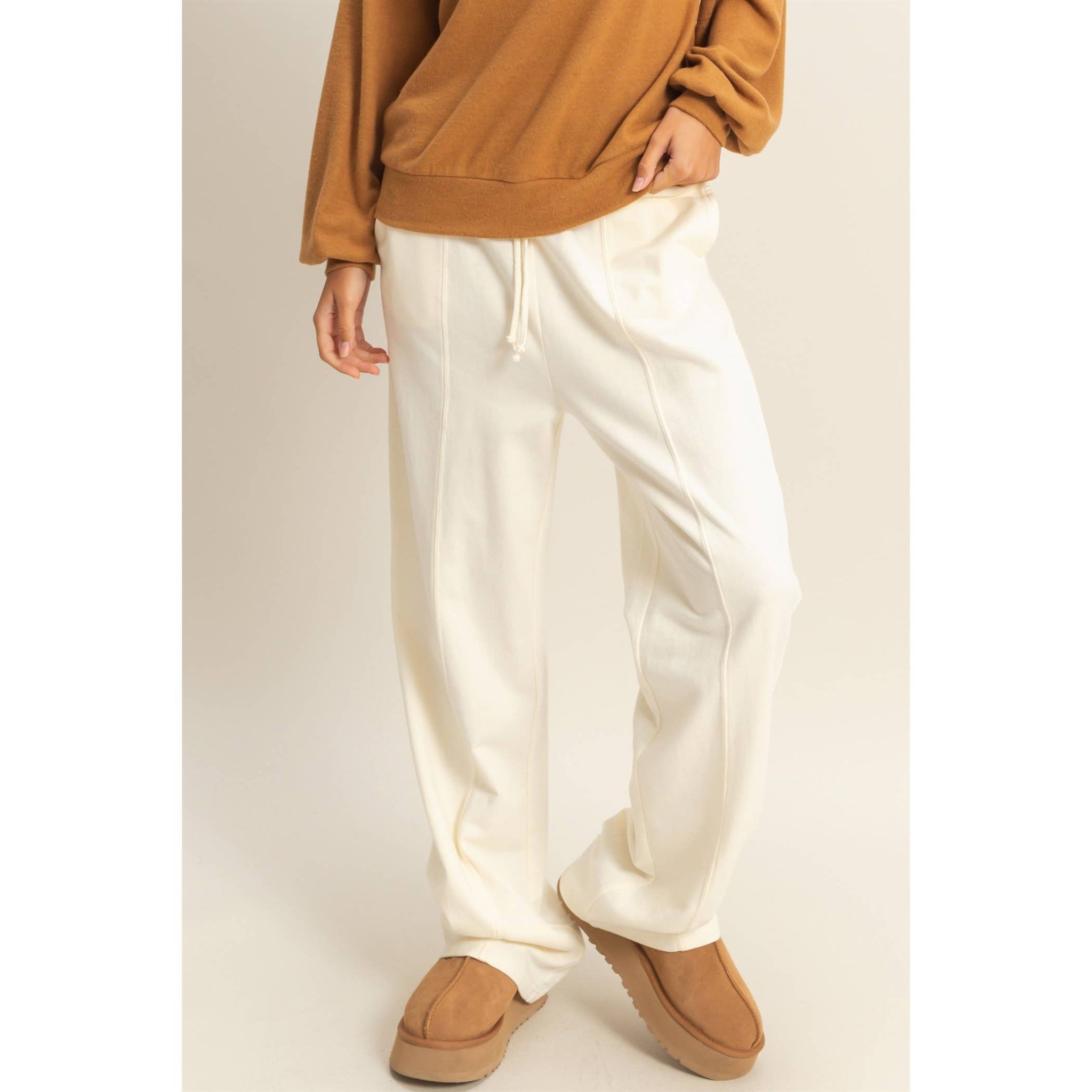 High-Waisted Straight Pants- Cream