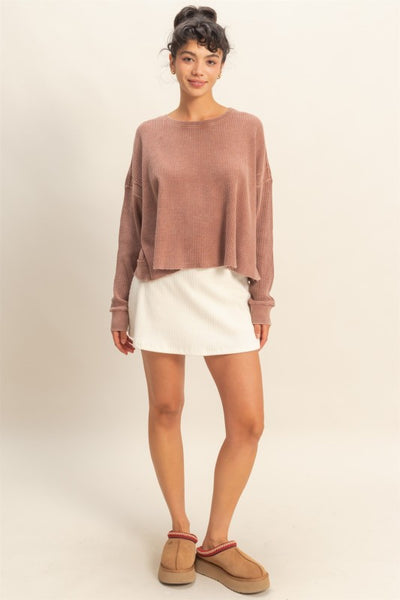 Open Back Long Sleeve Top-Chestnut