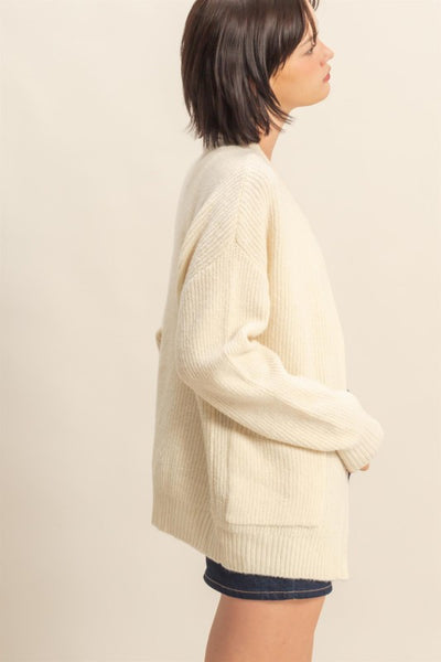 Sweater Cardigan With Front Pockets-Cream